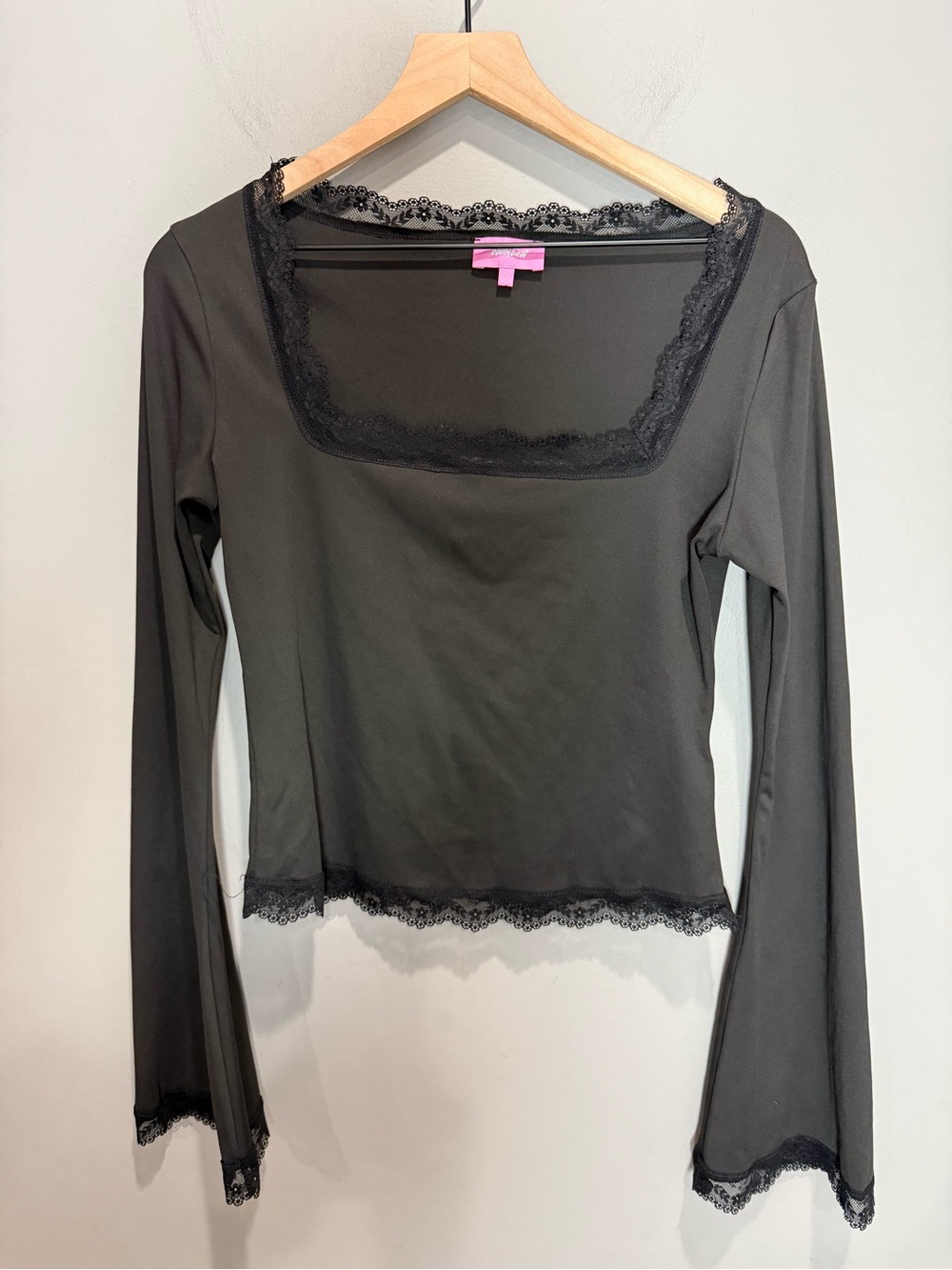 Edikted Black Lace Trim Square Neck Long Sleeve Top Size L Y2K